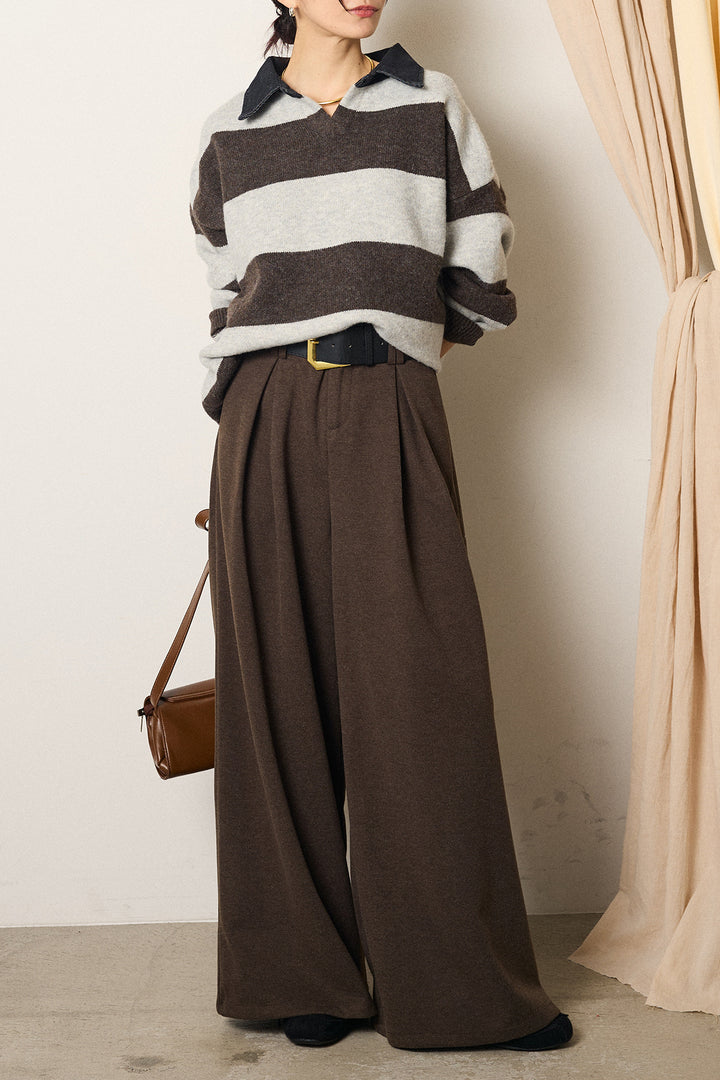 [SET]デニムカラーボーダールーズニット+ゴールドバックル太ベルト付きワイドパンツ(2set)