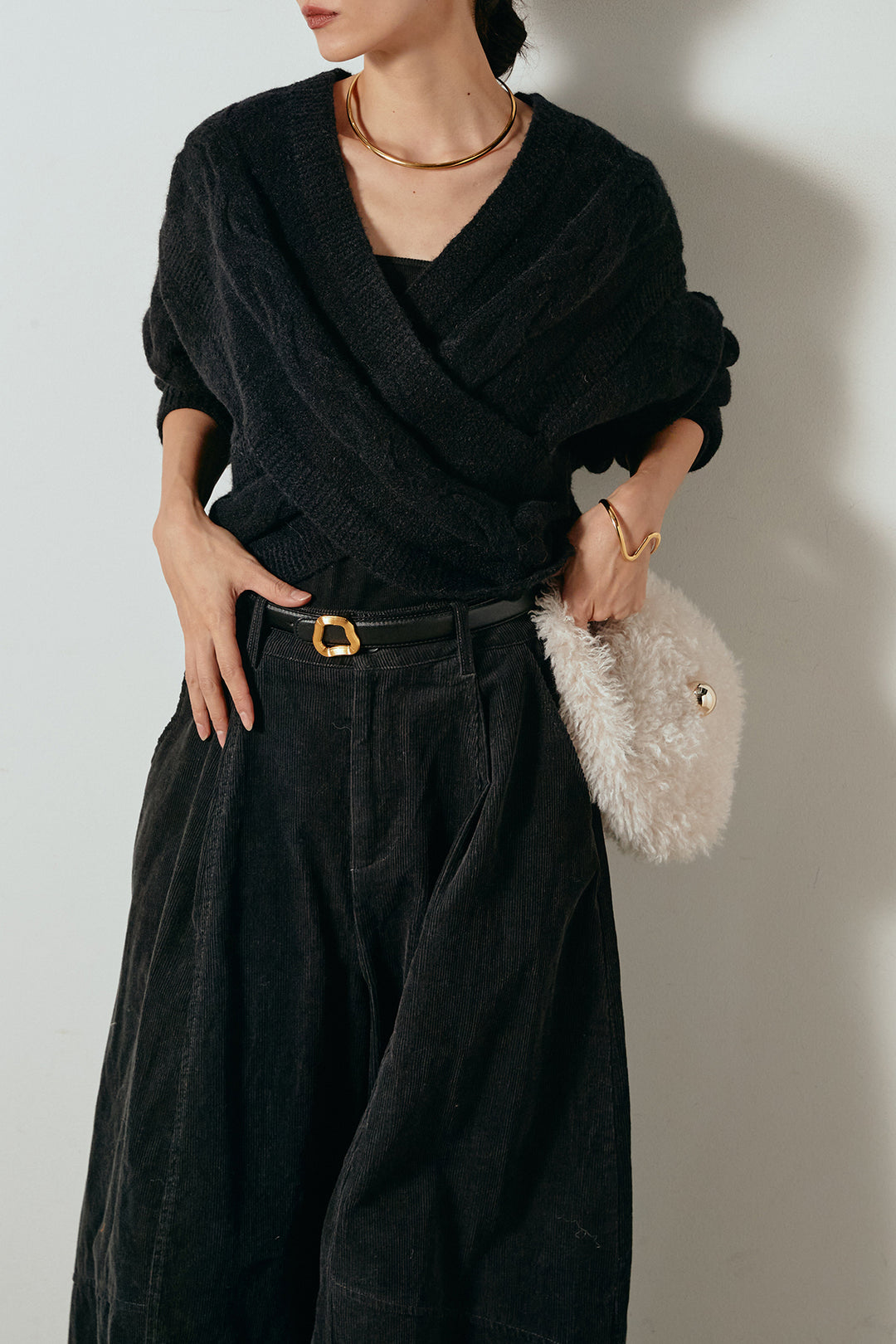 [SET]ケーブルカシュクールニットトップス+タック入りコーデュロイワイドパンツ(2set)