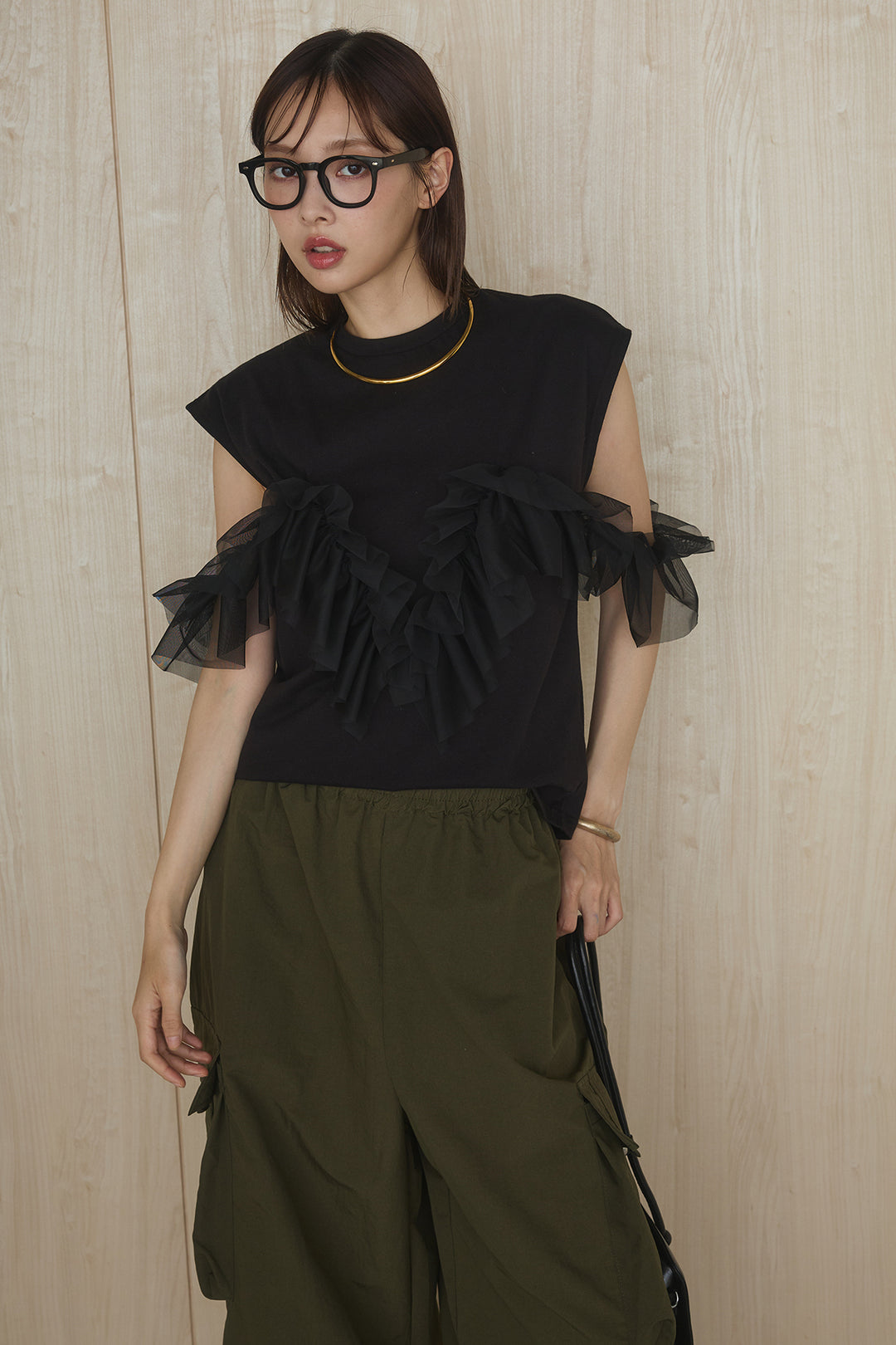 [SET]チュールフリルフレンチTシャツ+ルーズカーゴワイドパンツ(2set)