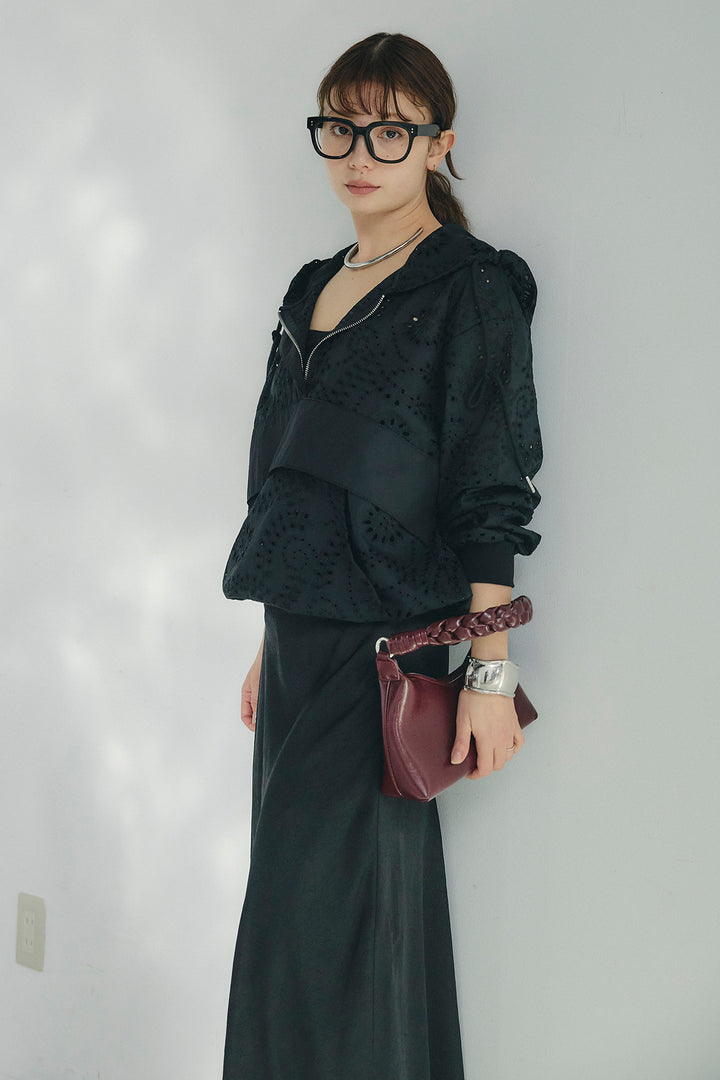 [SET]レースハーフジップアップフーディー+バイアスナローサテンスカート(2set)