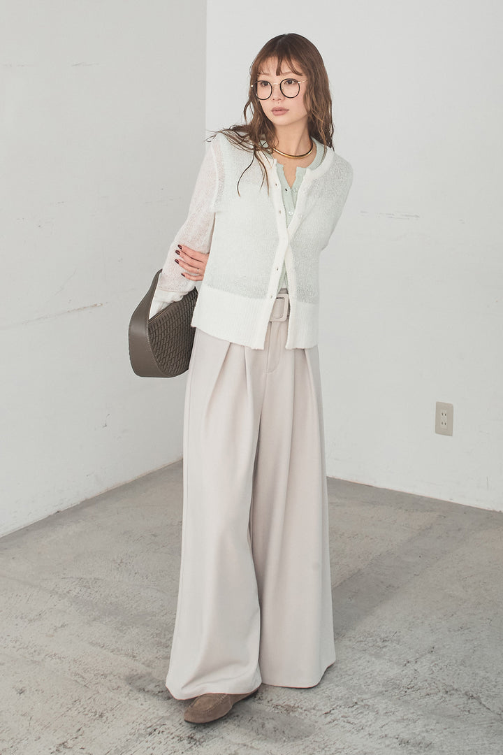 [SET]モヘア透かし編みレイヤードアンサンブルセット+ベルト付きツータックワイドパンツ(2set)