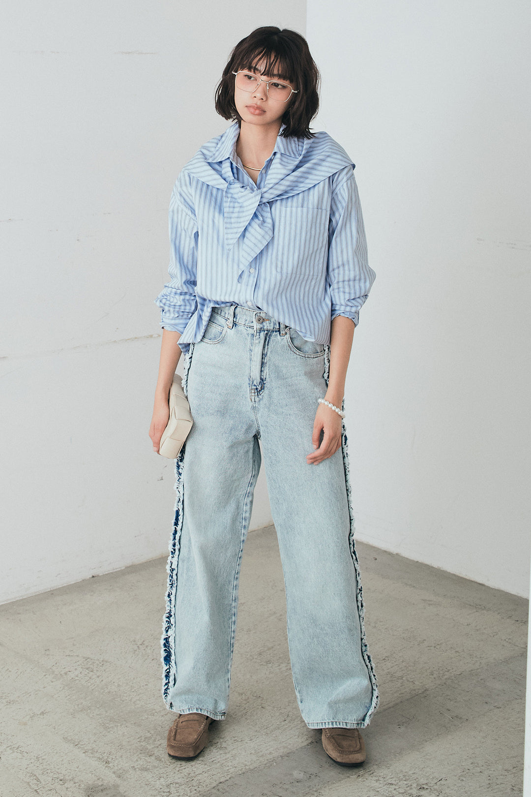 [SET]ランダムストライプスカーフ付きシャツ+デニムサイドフリルパンツ(2set)