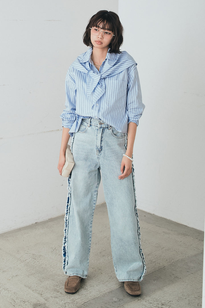 [SET]ランダムストライプスカーフ付きシャツ+デニムサイドフリルパンツ(2set)