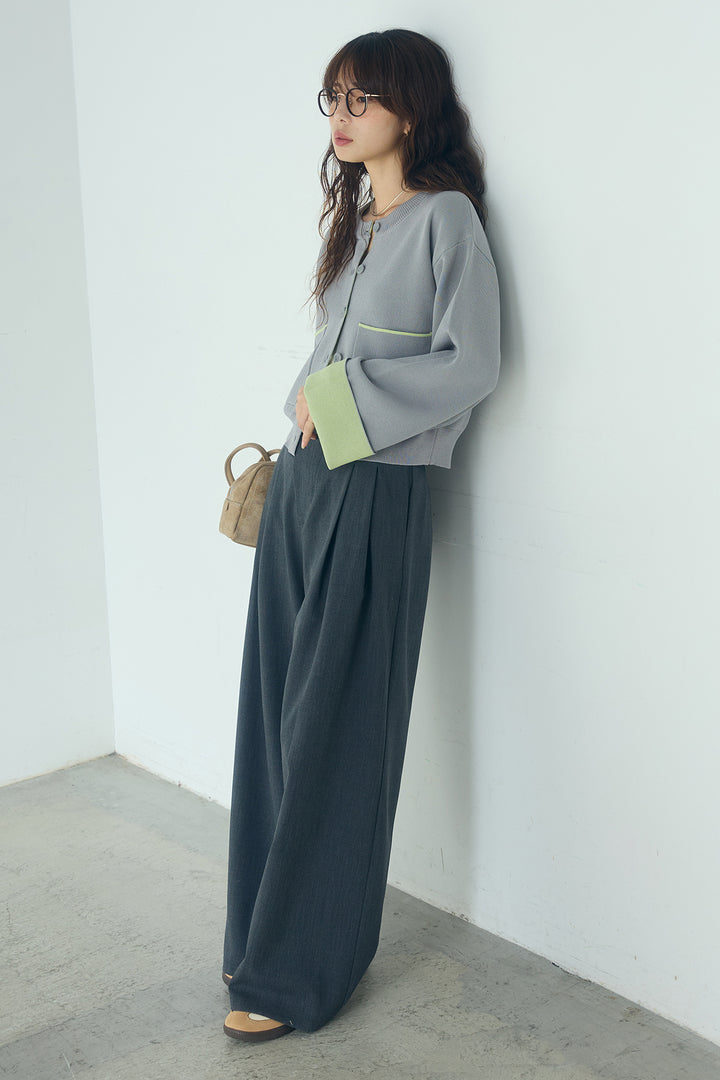 [SET]レーヨンポリダブルフェイスカーディガン+サイドベルトタック入りスラックス(2set)