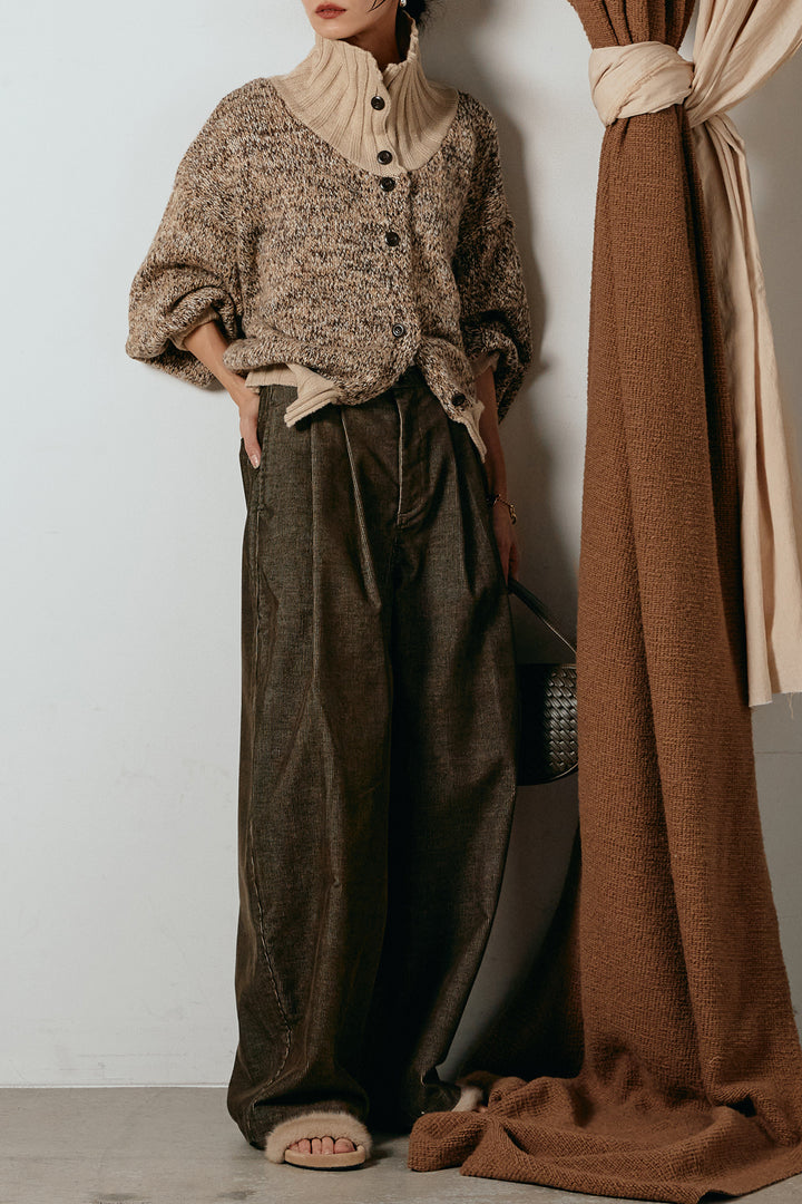 [SET]ハイネックミックスニットカーディガン+フロントタック入りコーデュロイパンツ(2set)