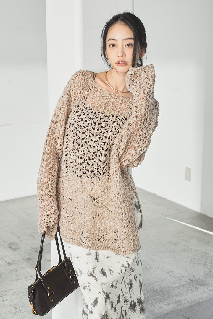 [SET]リラックスメッシュニットトップス+タイダイ柄ベロアワイドスカート(2set)