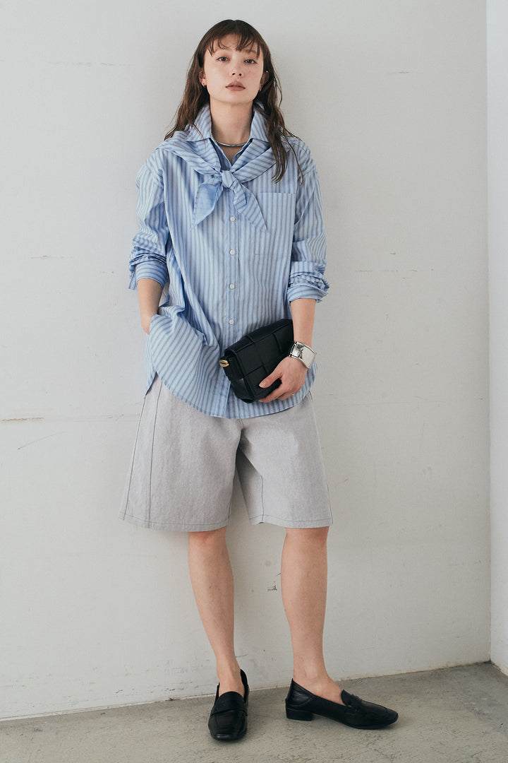 [SET]ランダムストライプスカーフ付きシャツ+デニムハーフパンツ(2set)