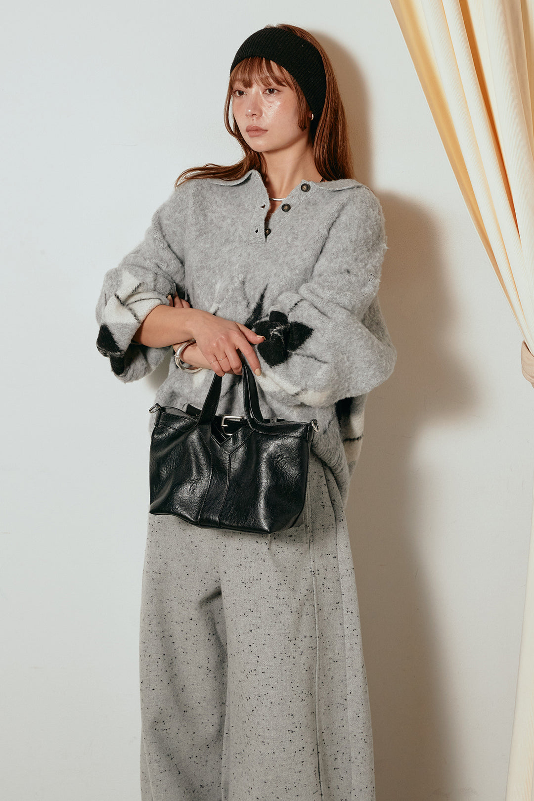 [SET]アーガイル柄ポロニットトップス+ベルト付きネップツイードカーブパンツ(2set)