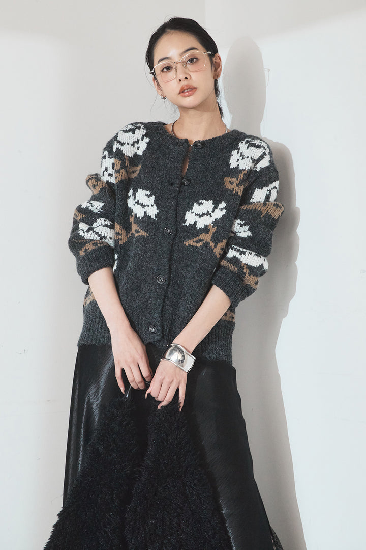 [SET]花柄ジャガードニットカーディガン+裾レースデザインサテンスカート(2set)