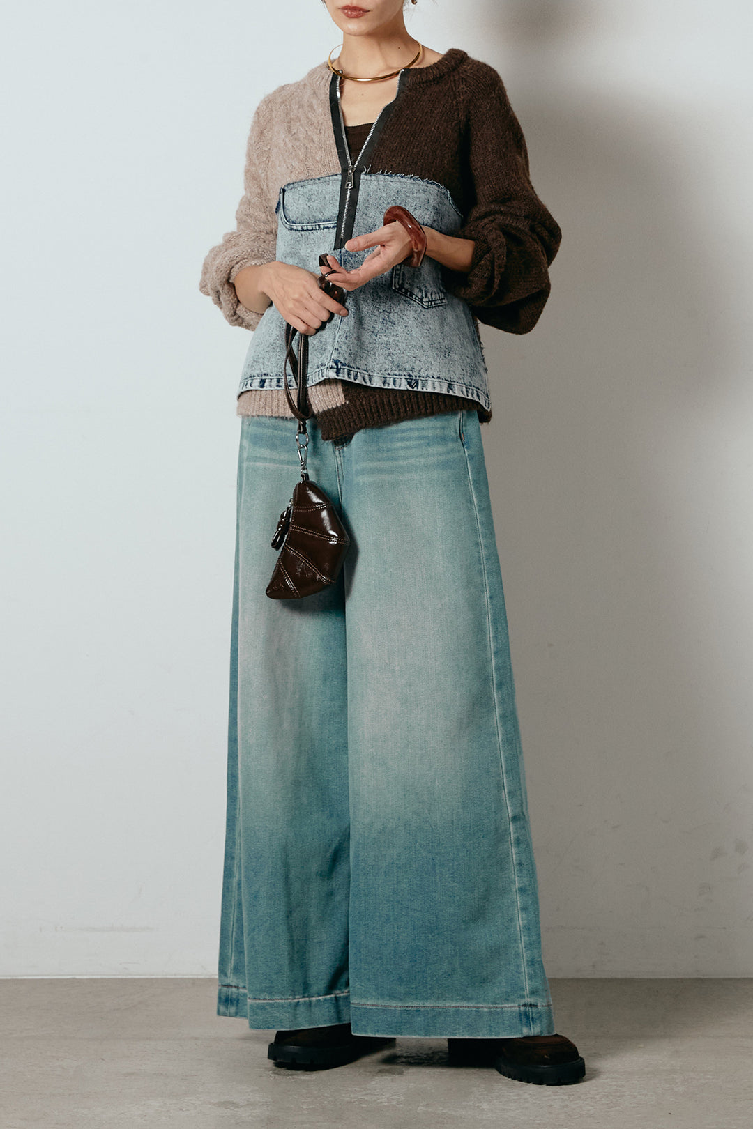 [SET]ハーフジップニットデニムドッキングトップス+ウエストダブルボタンワイドデニムパンツ(2set)