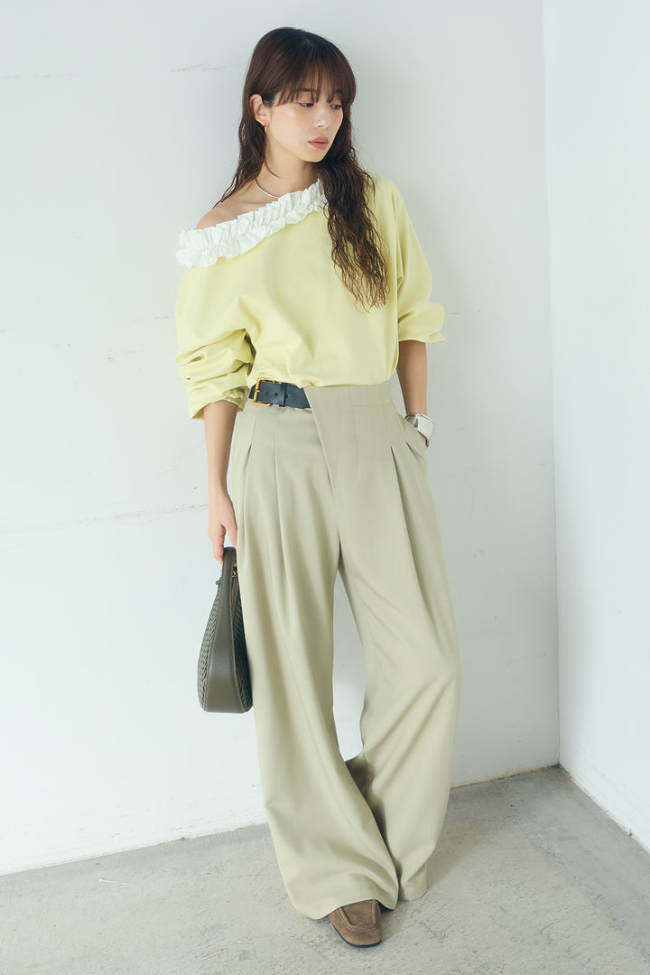 [SET]ネックギャザーフリルスウェット+サイドベルトタック入りスラックス(2set)