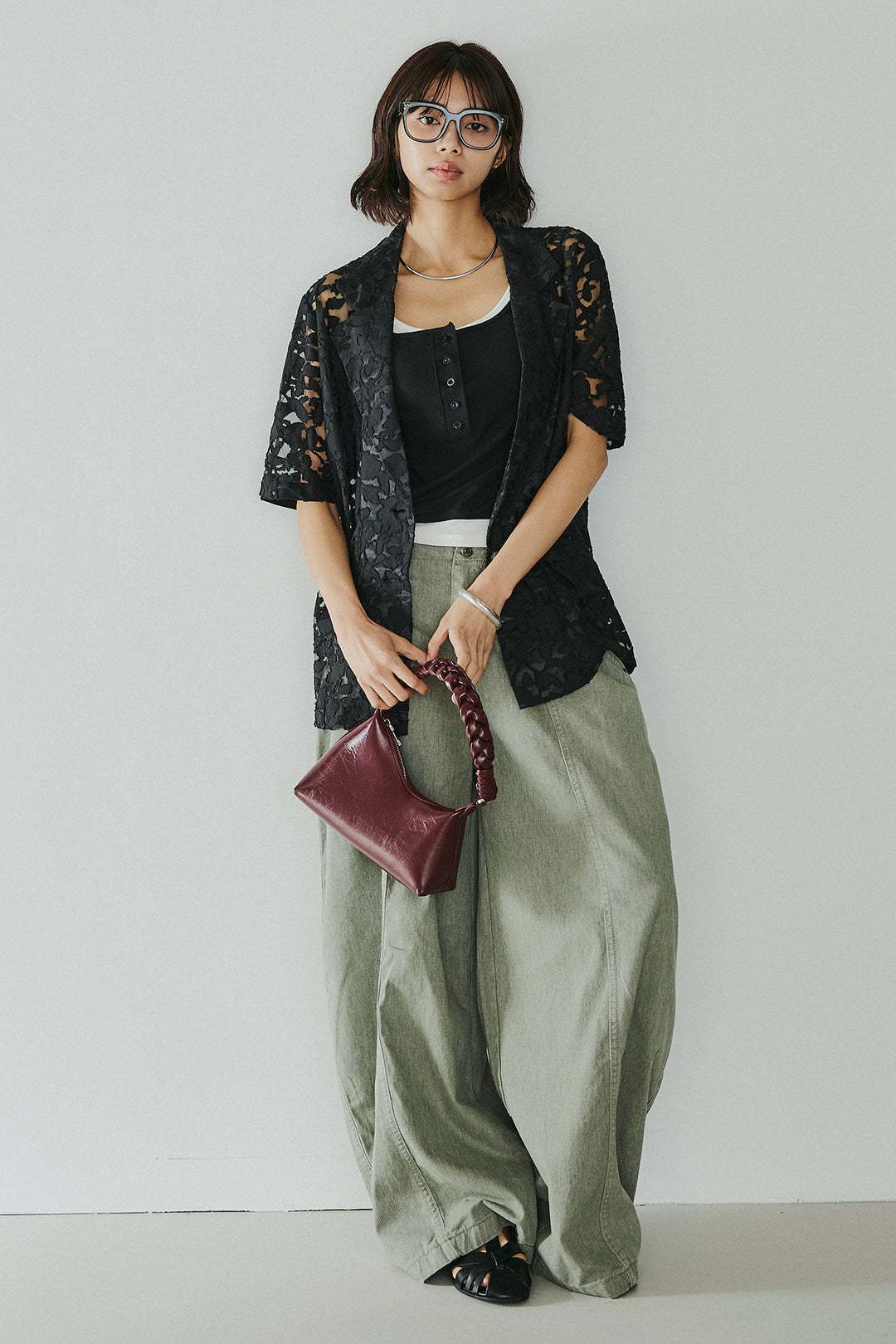 [SET]シアージャガードハーフスリーブテーラードジャケット+サイドベルトカーブワイドパンツ(2set)