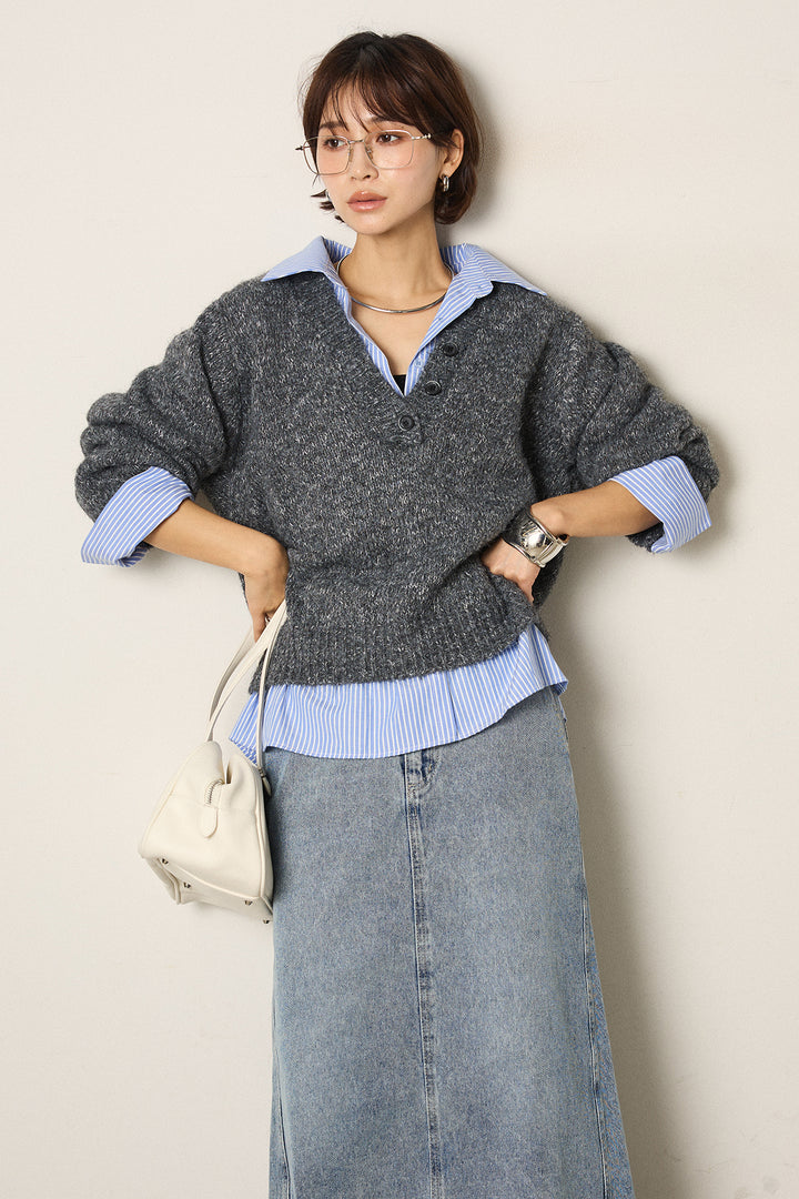 [SET]ストライプシャツドッキングニットポロトップス+デニムロングフレアスカート(2set)