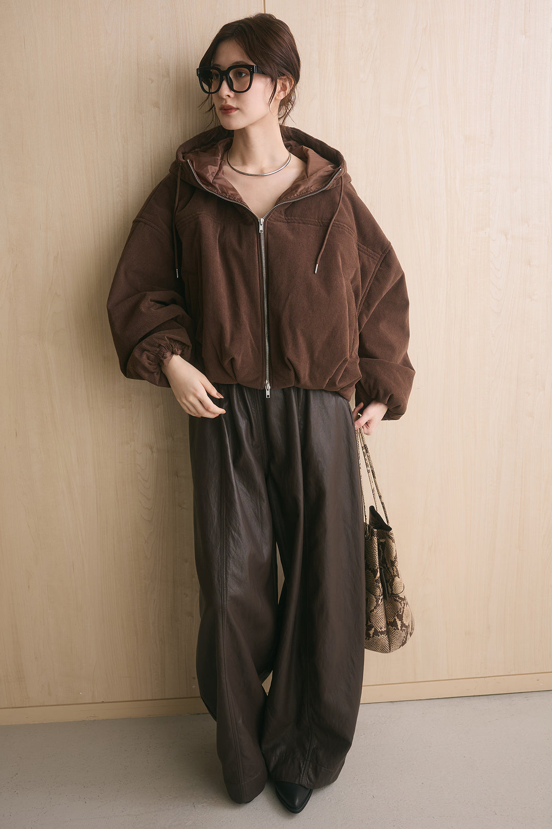 [SET]コーデュロイフーディバルーンブルゾン+フェイクレザーカーブワイドパンツ(2set)