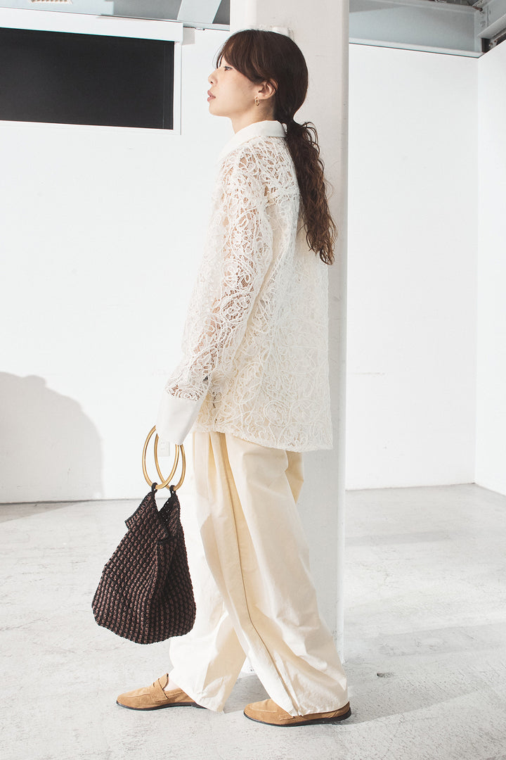 [SET]刺繍レースオーバーサイズシャツ+合繊ツイルパイピングタックカーブパンツ(2set)