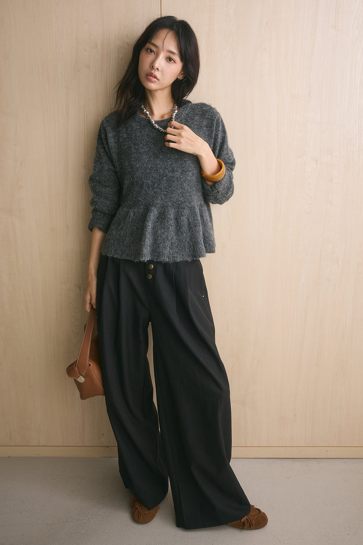 [SET]モヘアぺプラムクルーネックプルオーバー+ファイブボタンツータックワイドパンツ(2set)