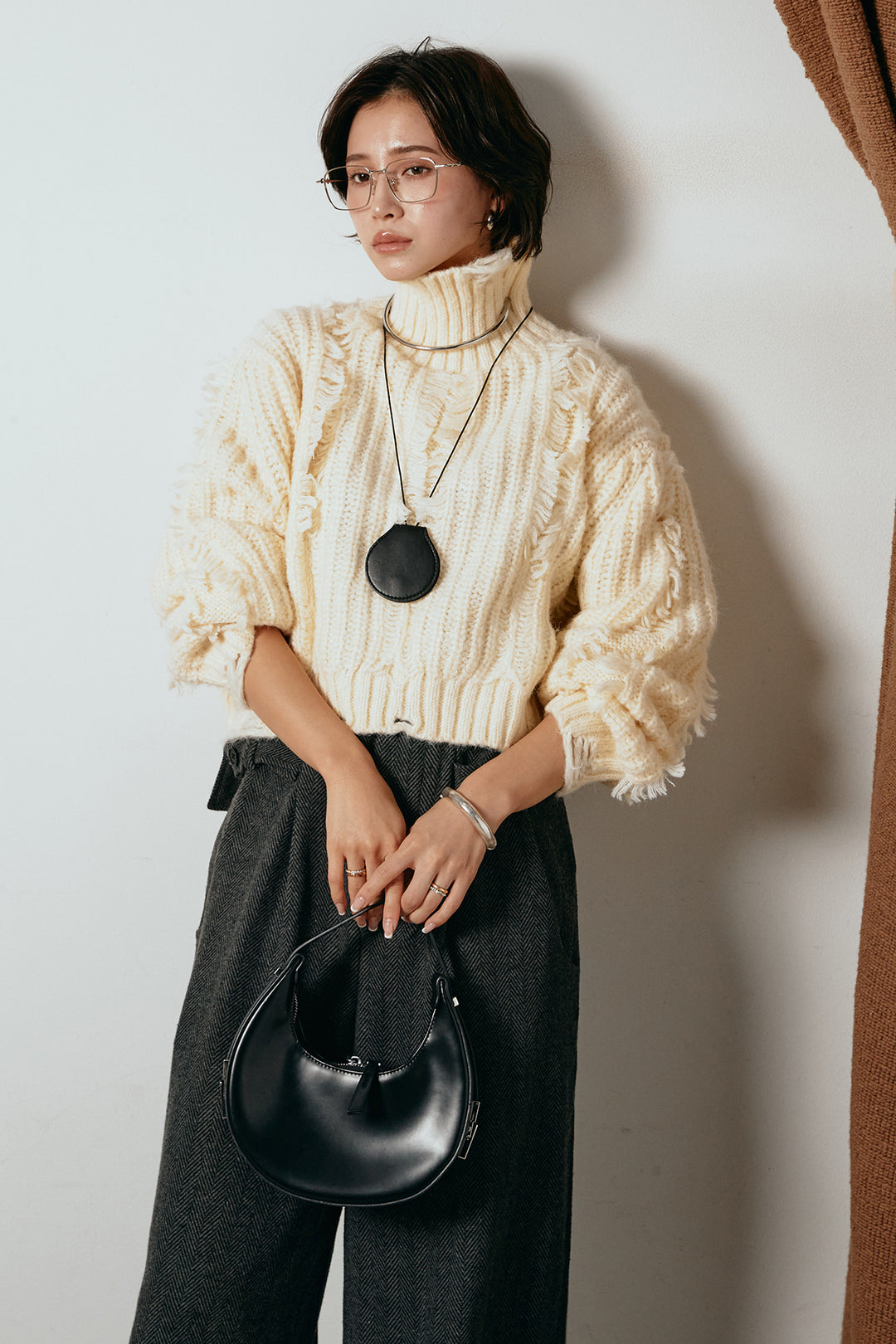 [SET]フリンジタートルショートニット+クラシックヘリンボーンサロペット(2set)