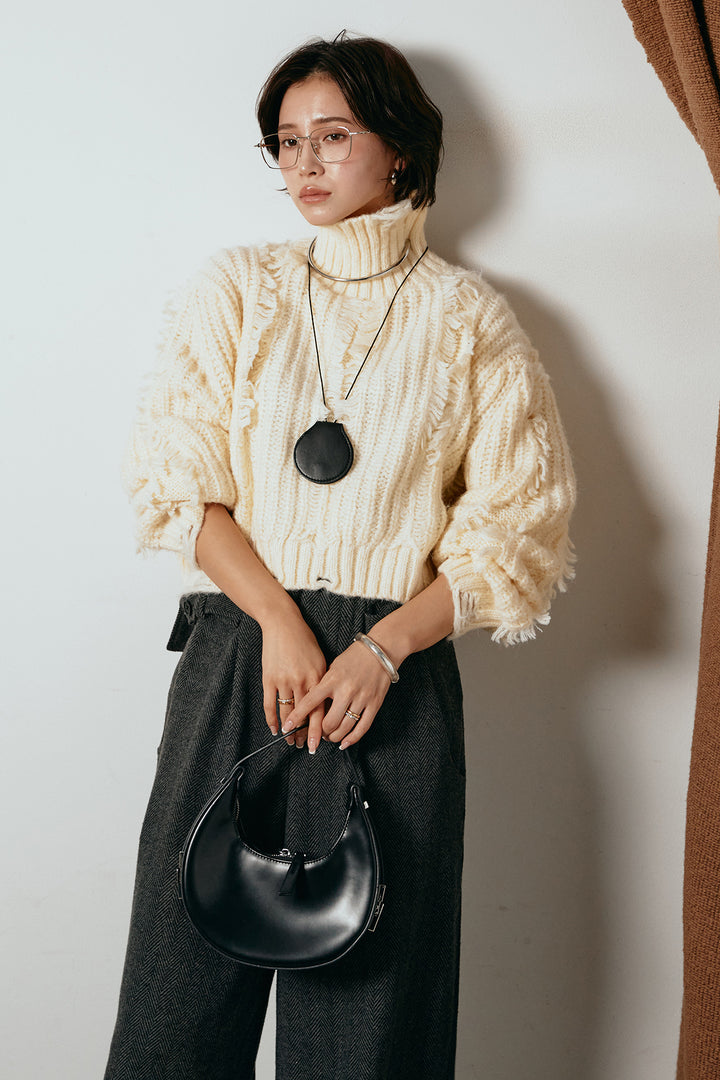 [SET]フリンジタートルショートニット+クラシックヘリンボーンサロペット(2set)