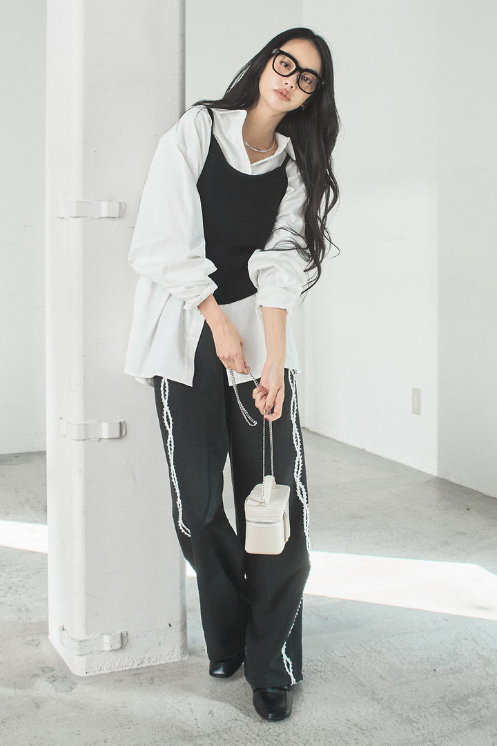 [SET]ニットキャミ付きシャツ+刺繡テープラインパンツ(2set)