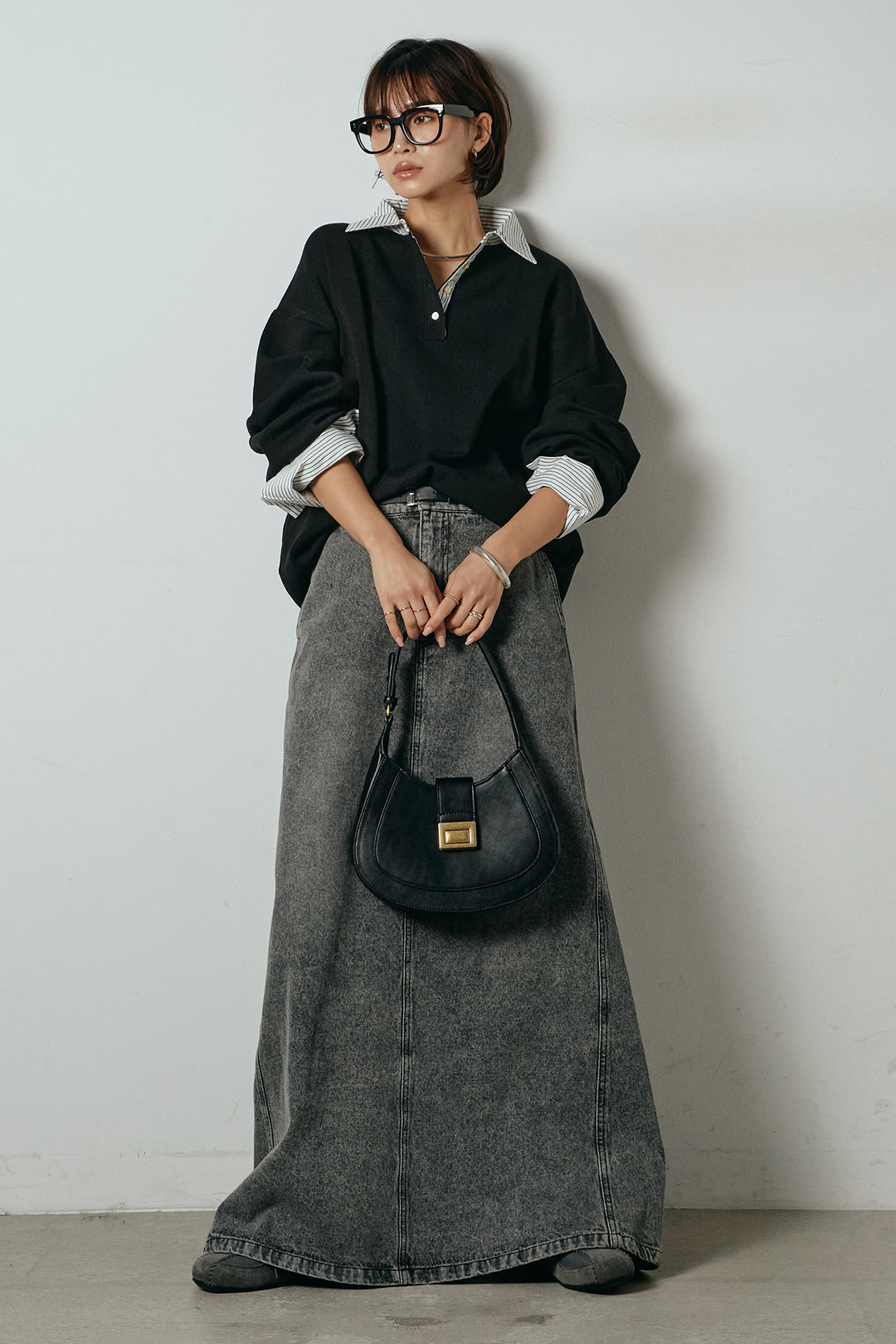 [SET]ストライプシャツドッキングポロトップス+デニムロングフレアスカート(2set)