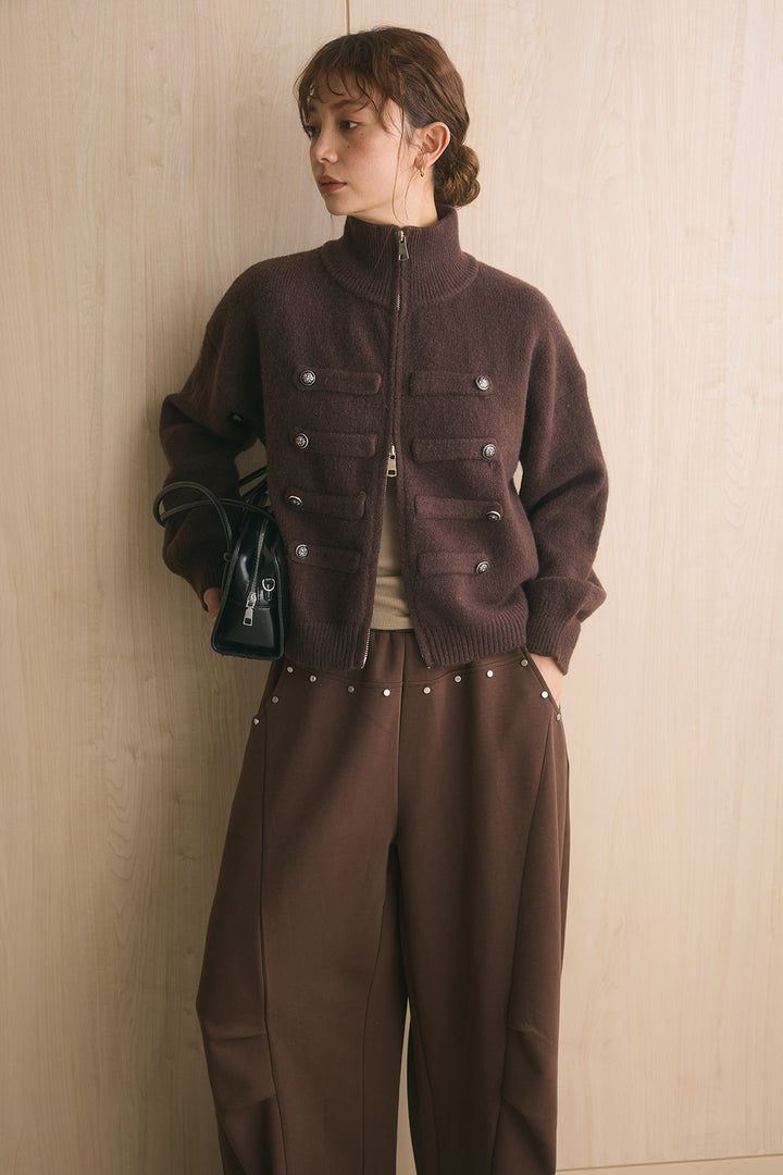 [SET]ナポレオンボタンハイネックニットブルゾン+スタッズ付きニーサイドタックスウェットパンツ(2set)