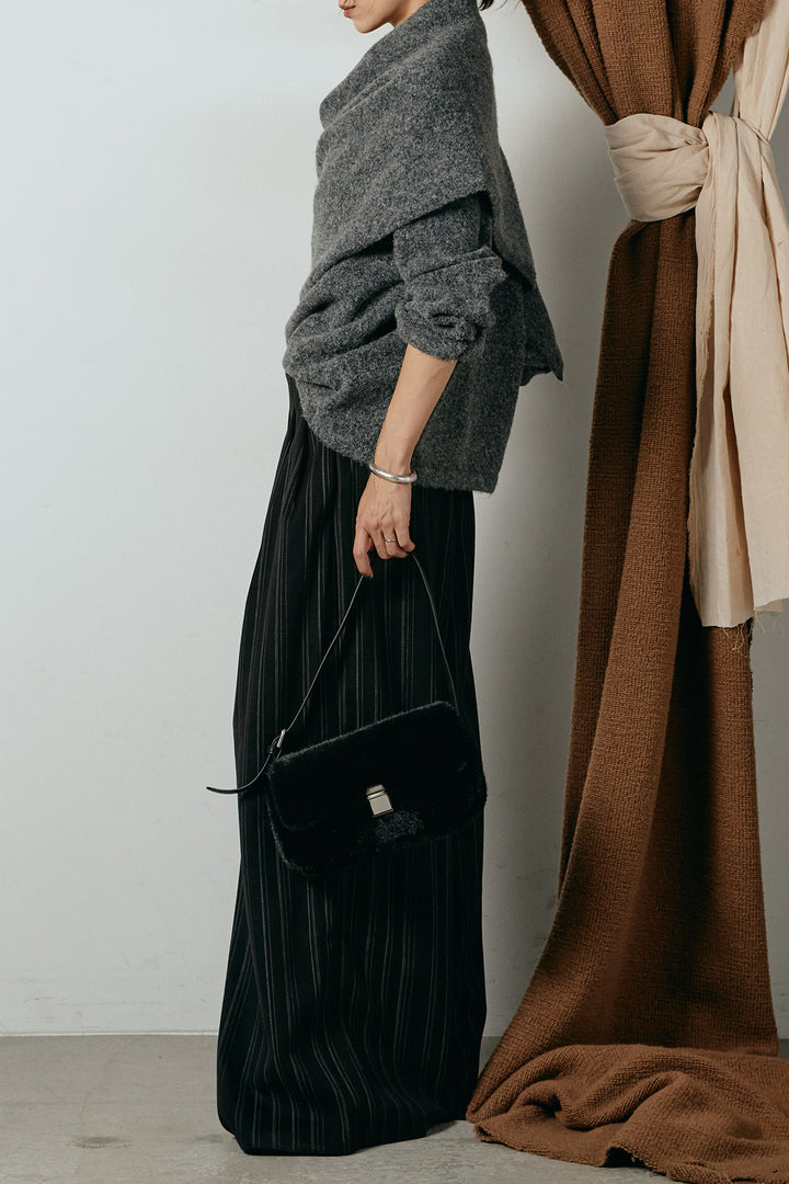 [SET]ネック巻きデザインニットトップス+タック入りマルチストライプ柄ワイドパンツ(2set)