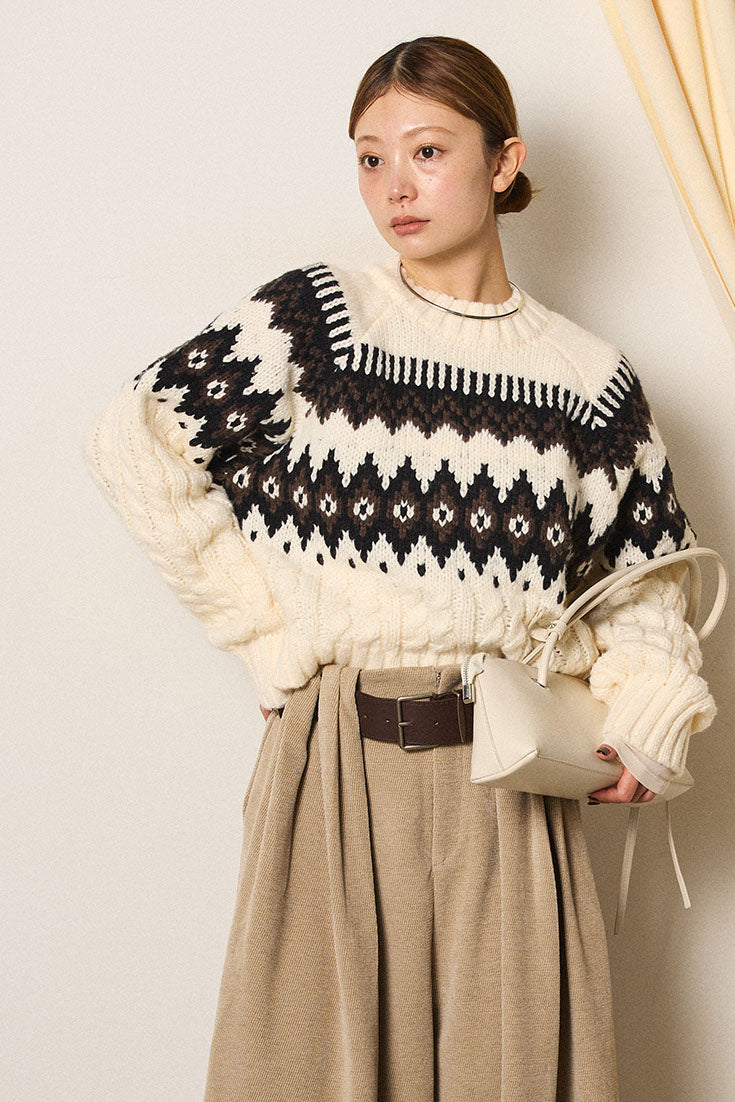 [SET]2WAY求心柄ジャガードショートカーディガン+2WAY袖コード刺繍クルーネックプルオーバー(2set)