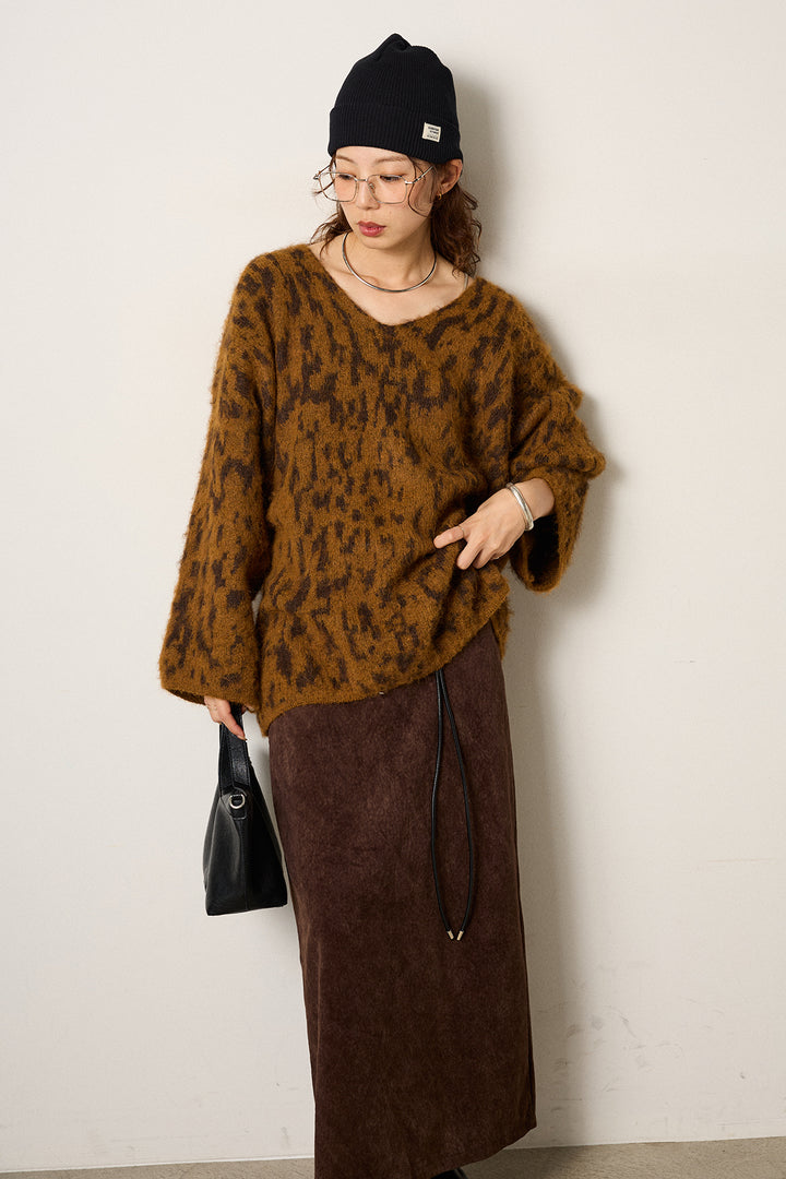 [SET]フラッフィーレオパードシャギーニット+ロープベルト付きスウェード調スカート(2set)