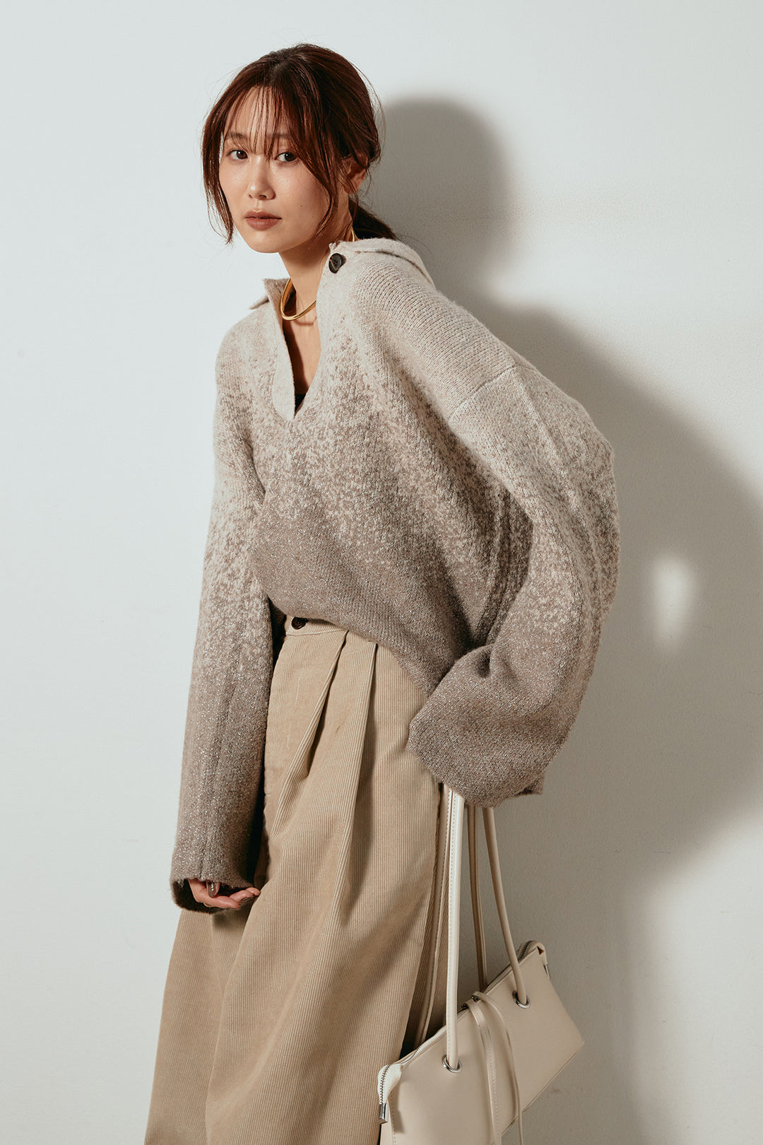 [SET]グラデーションラメニットキーネックプルオーバー+フロントタック入りコーデュロイパンツ(2set)