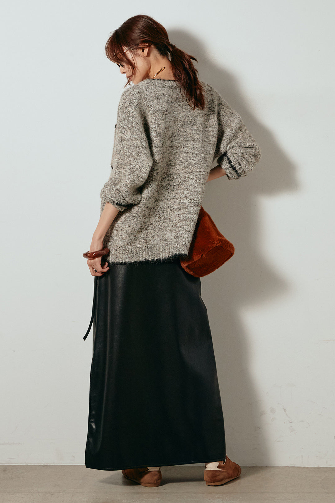[SET]ミックスニットポケットカーディガン+紐付きフェイクレザーワイドスカート(2set)