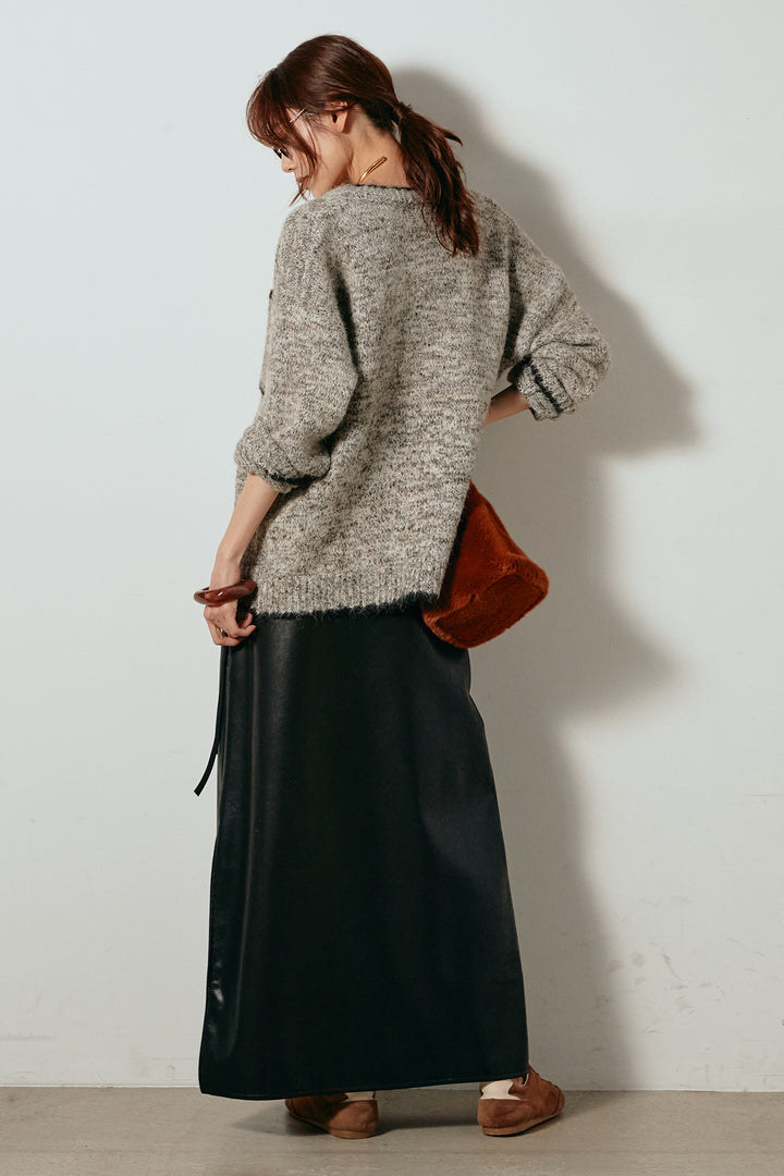 [SET]ミックスニットポケットカーディガン+紐付きフェイクレザーワイドスカート(2set)