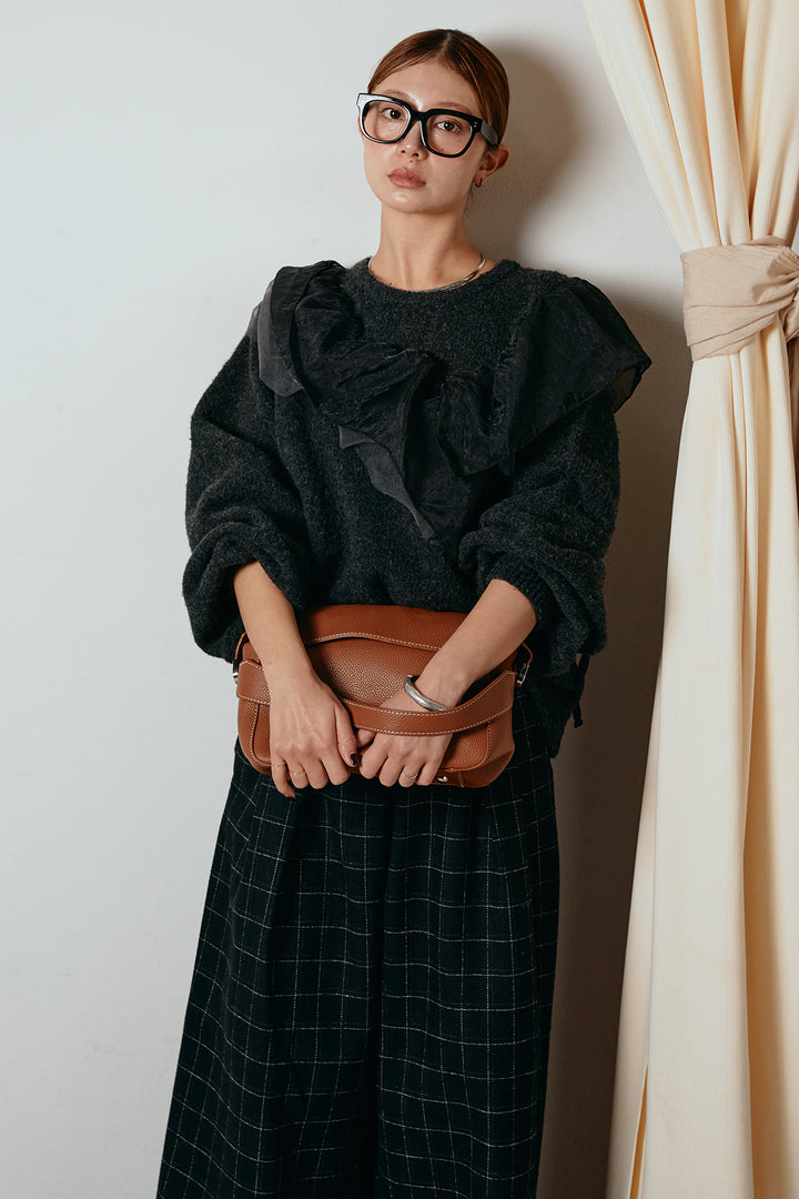 [SET]アシンメトリーフリルニットトップス+ウールライクチェックタックパンツ(2set)