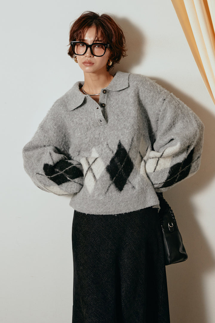 [SET]アーガイル柄ポロニットトップス+スウェードライクロングスカート(2set)