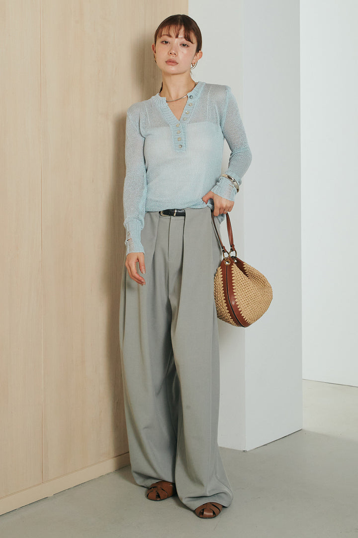 [SET]ヘンリーネックダメージニットプルオーバー+ビックベルトループタックベルト付きワイドパンツ(2set)