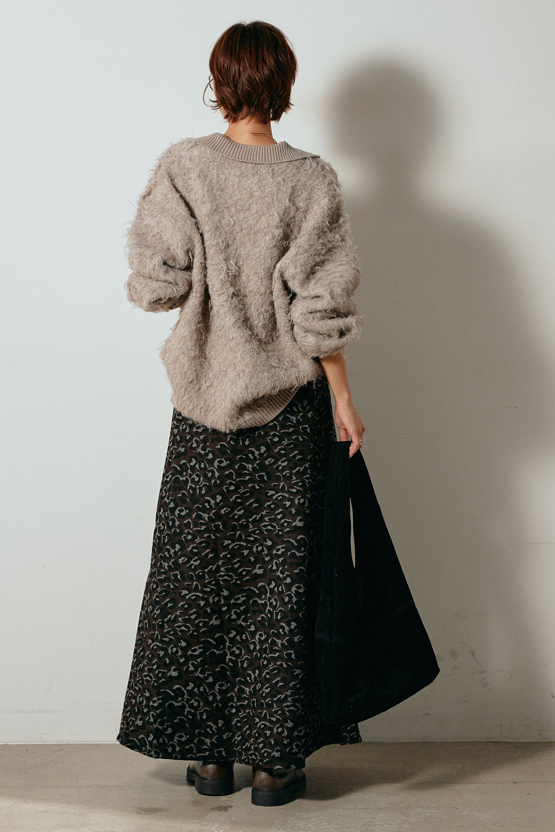 [SET]襟付きシャギーニットポロトップス+レオパードロングスカート(2set)