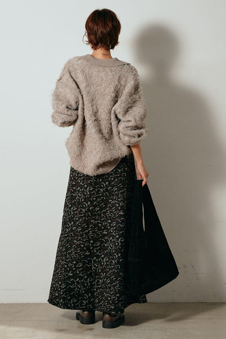 [SET]襟付きシャギーニットポロトップス+レオパードロングスカート(2set)