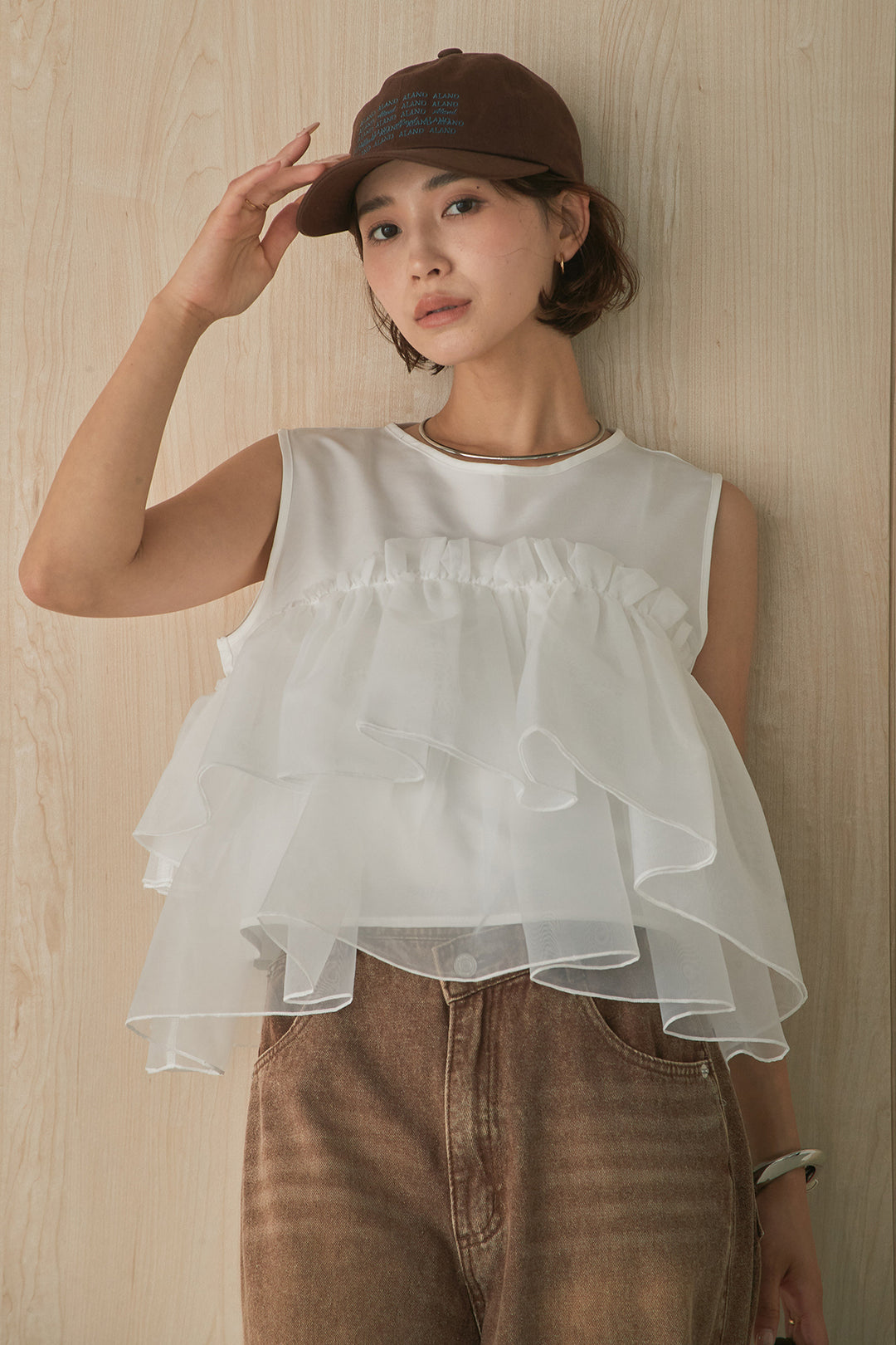 [SET]シアーオーガンジーフリルデザインブラウス+カラーデニムアシメカーブパンツ(2set)