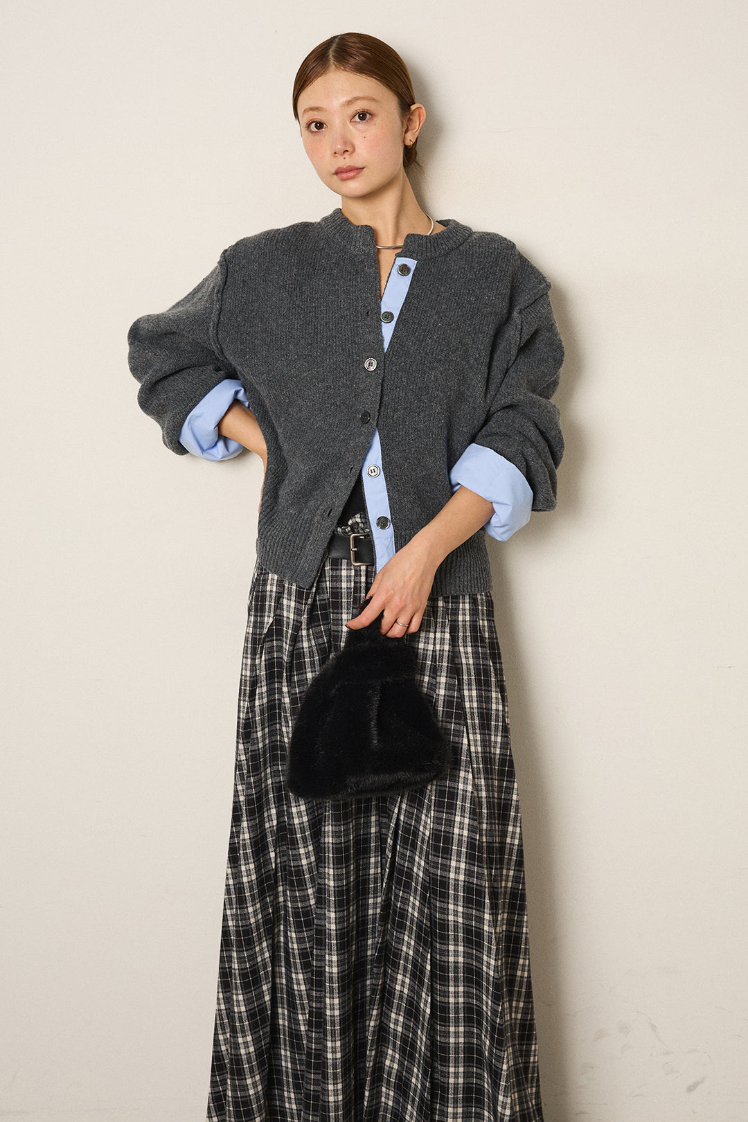 [SET]シャツドッキングニットカーディガン+ベルト付きタータンチェックプリーツスカート(2set)