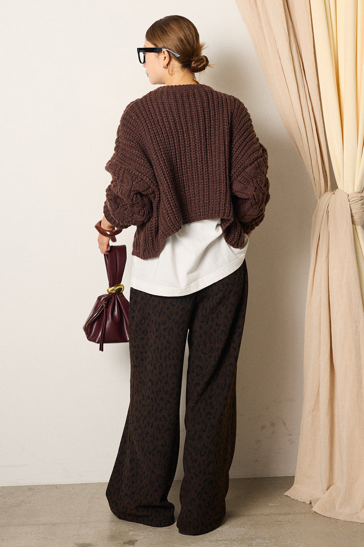 [SET]ケーブルリラックスショートニット+レオパードジャガードニットパンツ(2set)