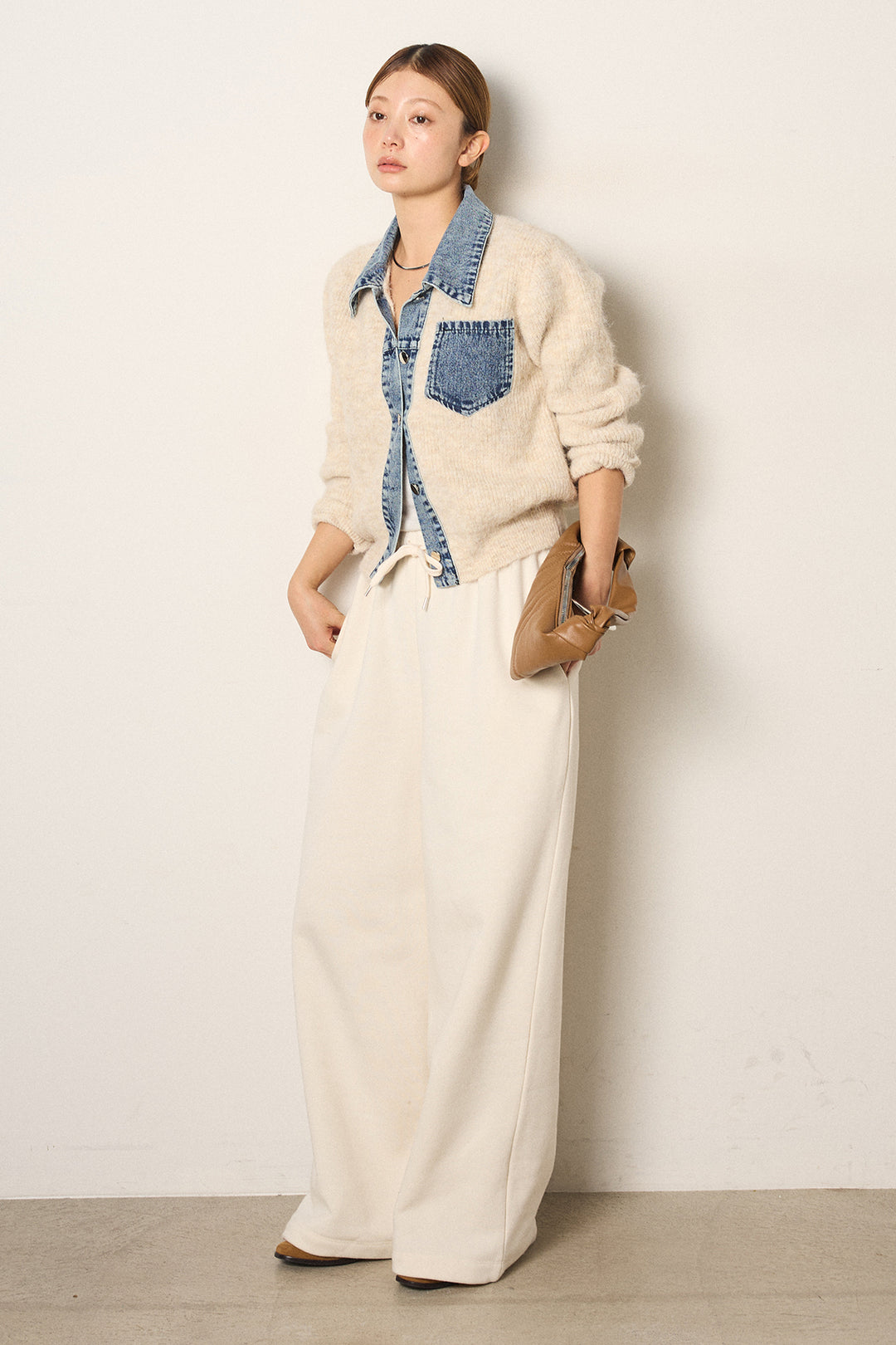 [SET]襟付きデニム切替ニットカーディガン+裏起毛スウェットワイドパンツ(2set)