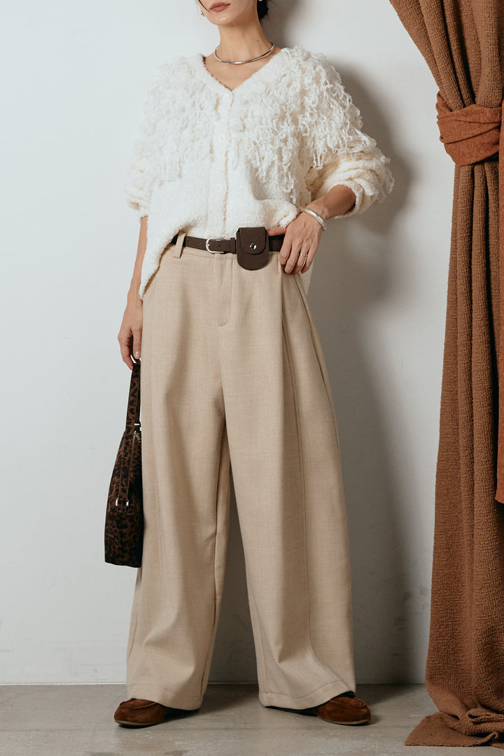 [SET]ループ編みVネックニットカーディガン+ポーチベルト付きカーブパンツ(2set)