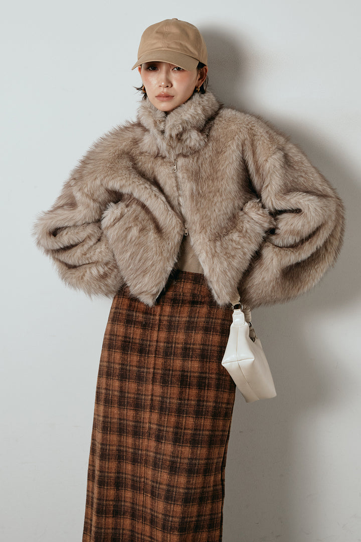 [SET]エコファーショート丈ブルゾン+シャギーチェックストレートスカート(2set)