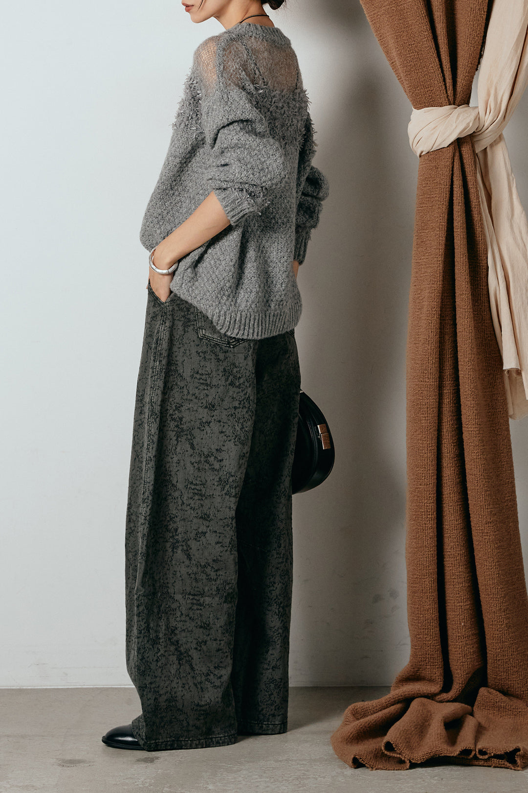 [SET]パターンランダム編みニットトップス+ベルト付きニュアンス柄カーブワイドパンツ(2set)