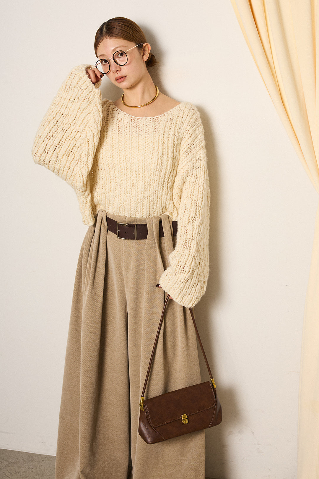 [SET]チャンキースラブニットクロップドプルオーバー+ベルトループコーデュロイワイドパンツ(2set)