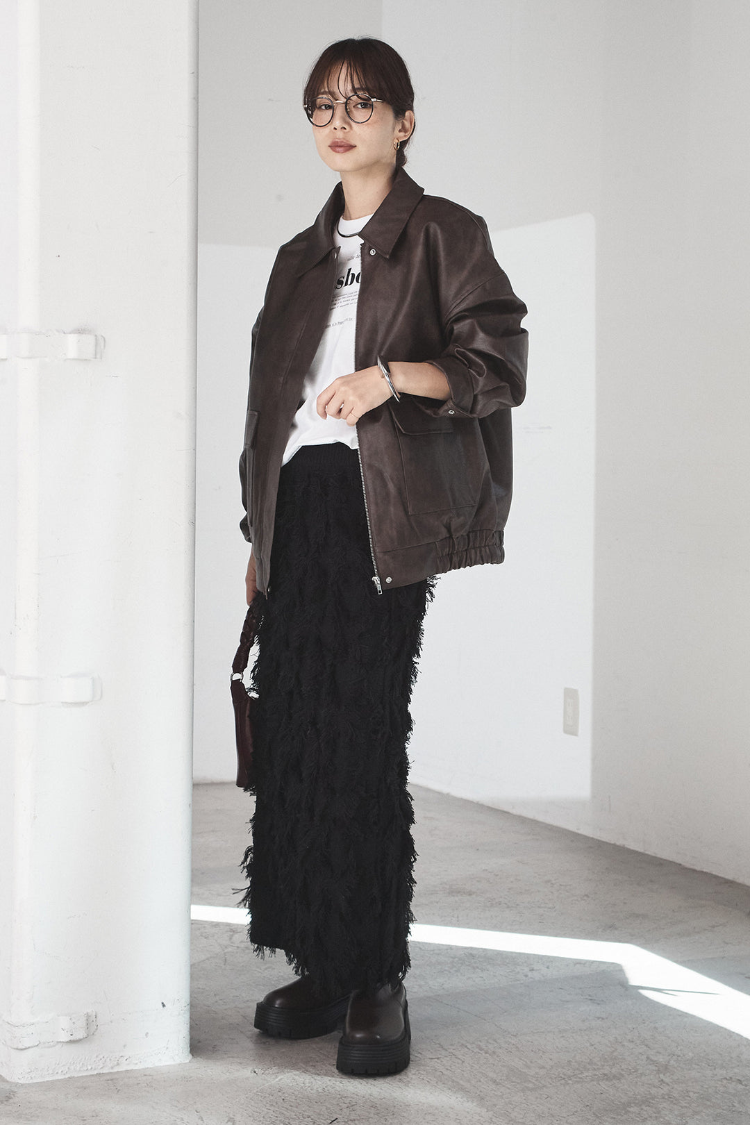 [SET]レザーライクオーバーサイズブルゾン+カットフリンジニットタイトスカート(2set)