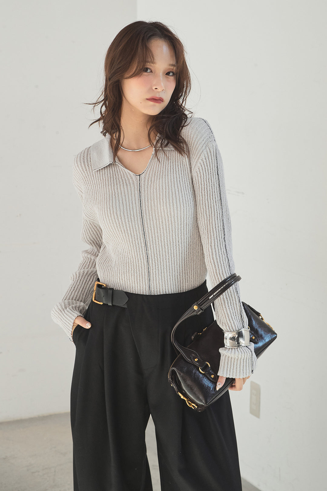 [SET]衿付きニットプルオーバー+サイドベルトタック入りスラックス(2set)