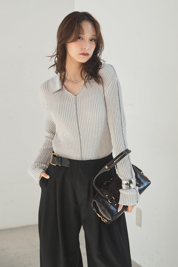 [SET]衿付きニットプルオーバー+サイドベルトタック入りスラックス(2set)