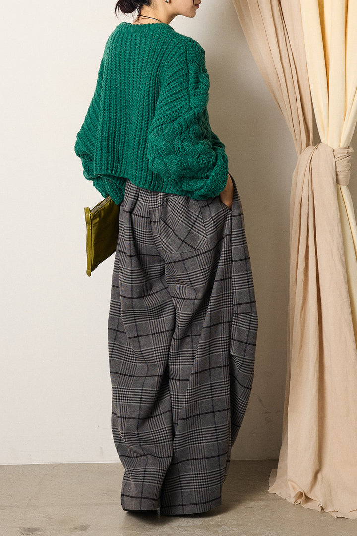 [SET]ケーブルリラックスショートニット+グレンチェックルーズタックパンツ(2set)