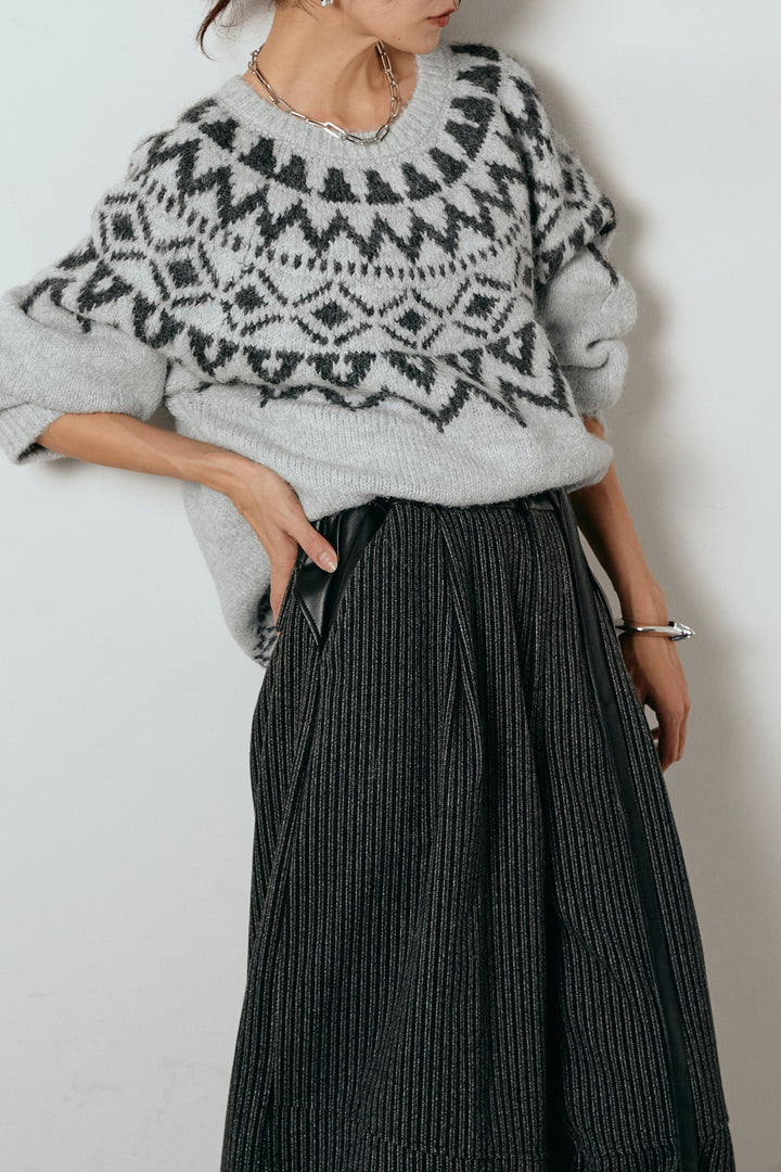 [SET]ノルディック柄Uネックプルオーバー+レザーライク配色ストライプパンツ(2set)