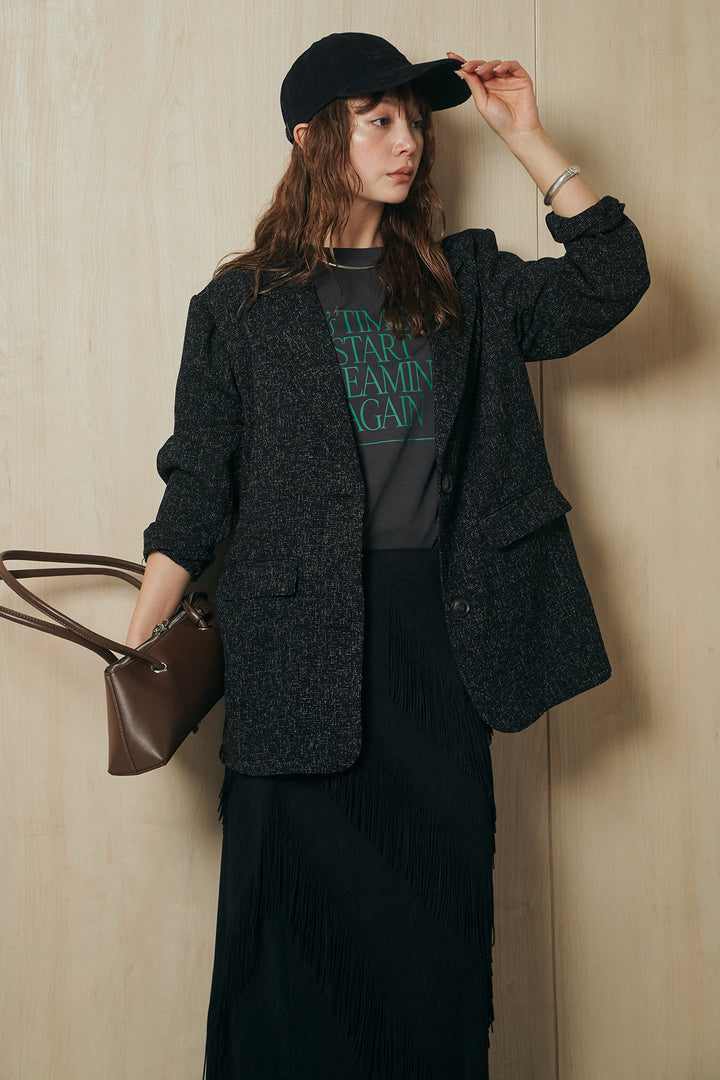 [SET]ミックスツイードベルト付きジャケット+斜めフリンジデザインスカート(2set)